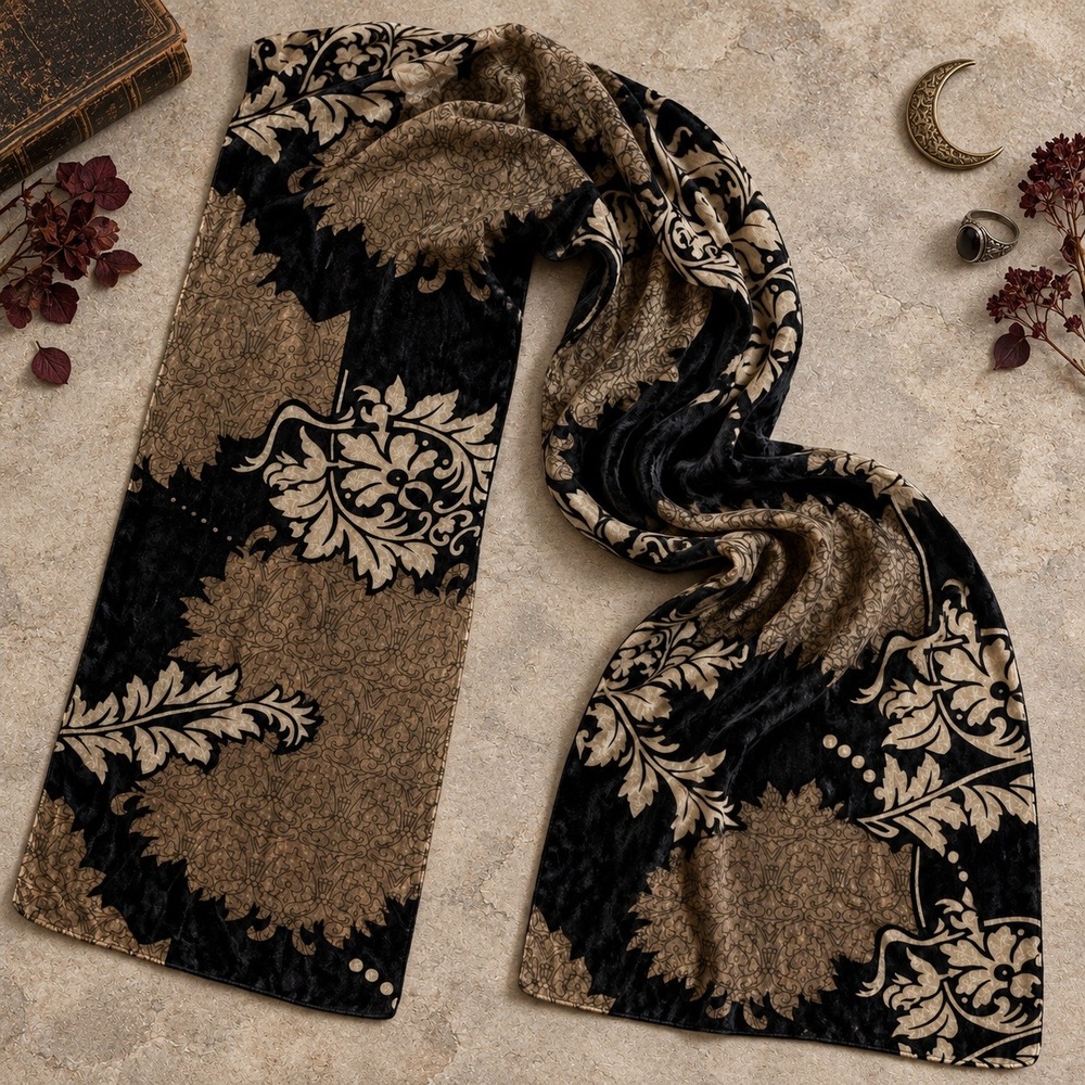 Red Fish Designs Silk Blend Burnout Velvet Scarf Black Olive Botanical Wrap